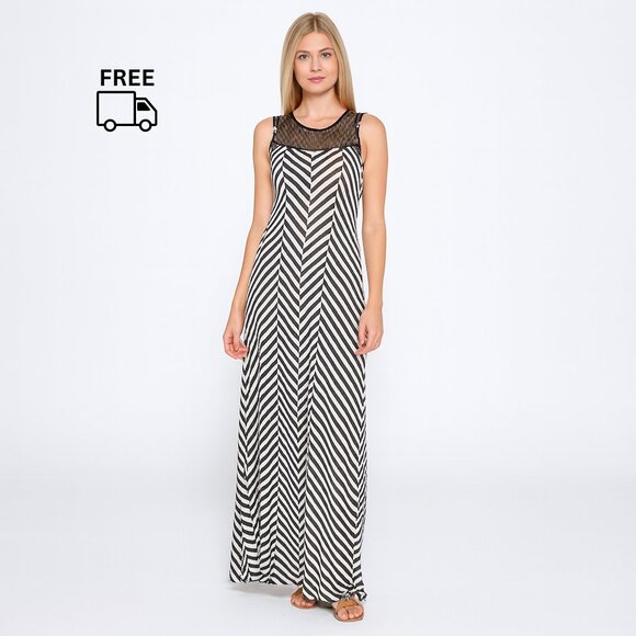 2 For $30 Monteau Lace Black Striped Sleeveless Maxi Dress Medium - Picture 8 of 8